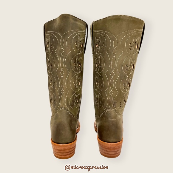 VINTAGE 1980 Frye Austin Sage Green Real Leather Floral Embroidered Cowboy Boot - Picture 8 of 14